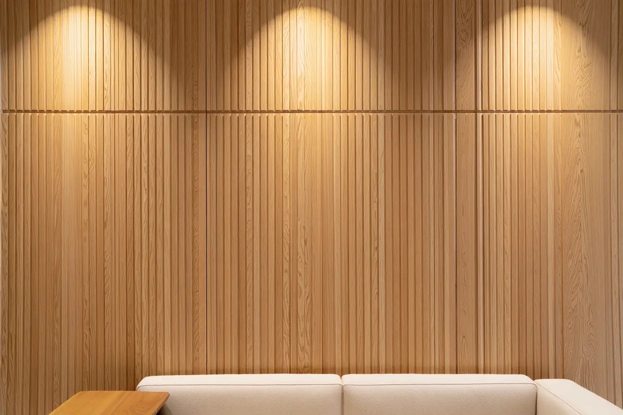 Panneau décoratif en bois à tasseaux posé sur un mur intérieur chaleureux