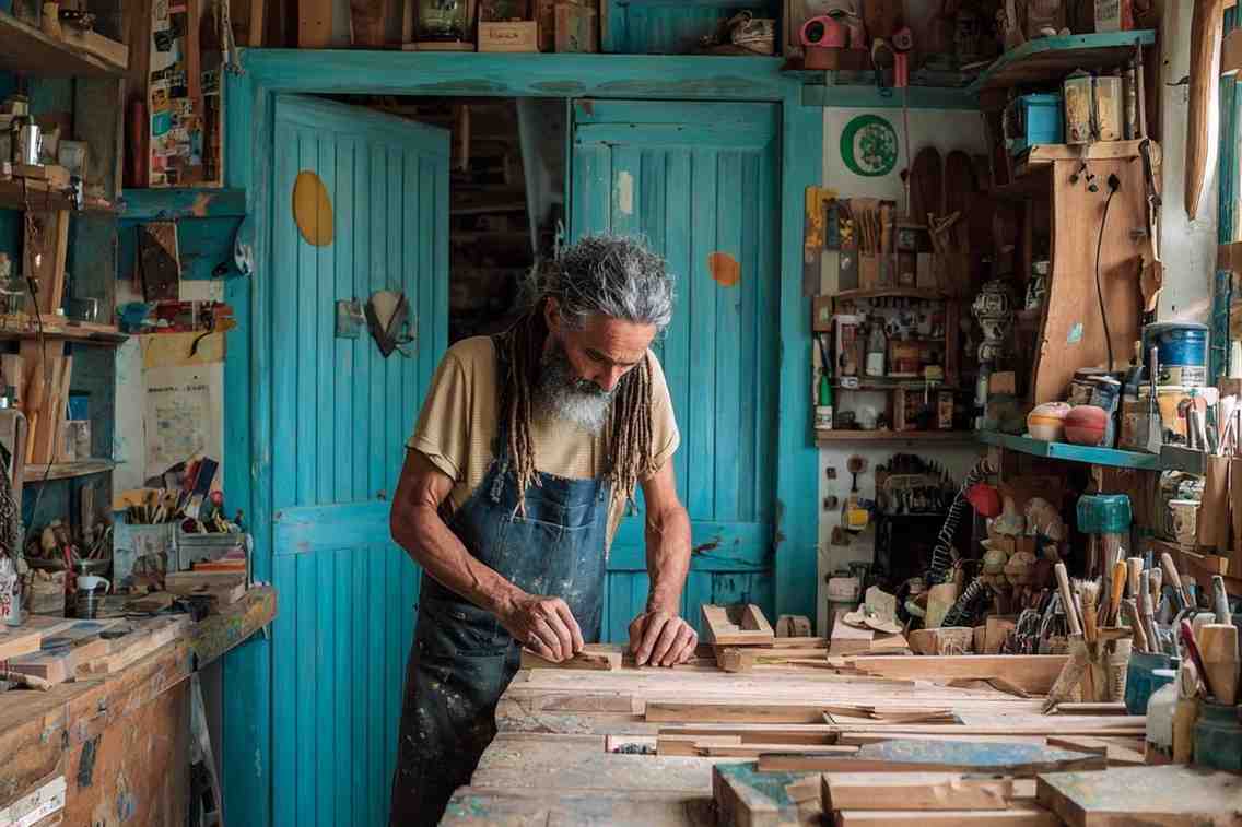 Artisan en train de raboter une planche de bois sur un établi d'atelier